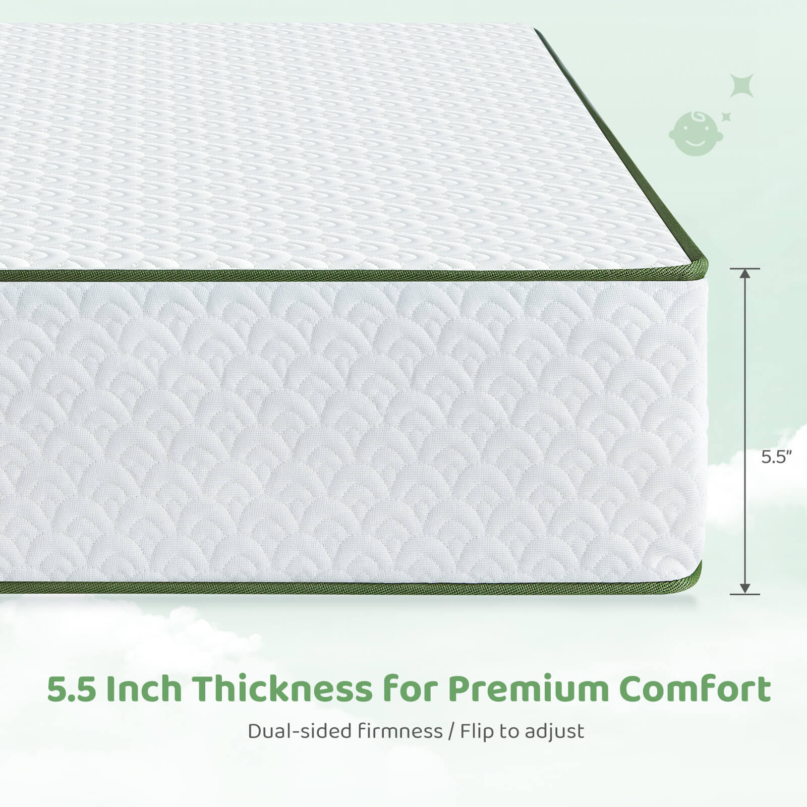 Dourxi Crib Mattress, 2-in-1 Dual Firmness Mattress for Infant & Toddler, Cooling Breathable Cover, Gel-Infused Memory Foam, CertiPUR-US Certified, Fits Standard Crib & Toddler Bed, 5.5 Inch