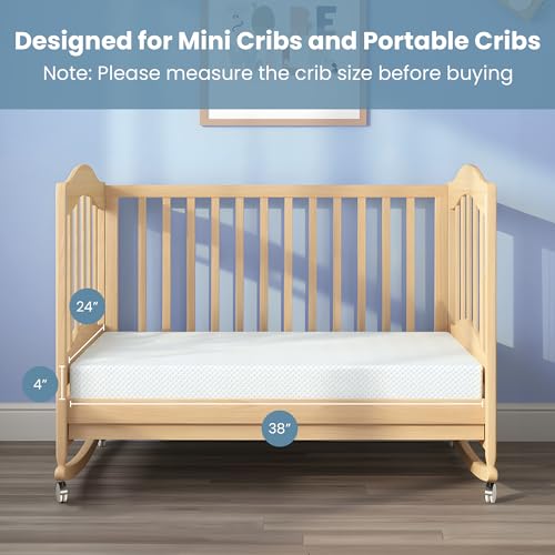 Dourxi Mini Crib Mattresses, 38x24x4 Inch Dual Sided 2-Stage Firmness Portable Baby Mattress for Mini, with Cooling Gel Memory Foam, Waterproof & Washable Cover and Non-Slip Base, White