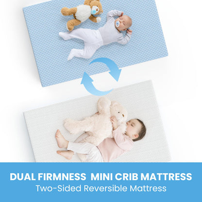Dourxi Mini Crib Mattress, 38x24X4 Inch Dual Sided Comfort Gel Memory Foam, Breathable Premium Baby Mattress for Mini and Portable Cribs w/Removable Outer Cover - White&Blue